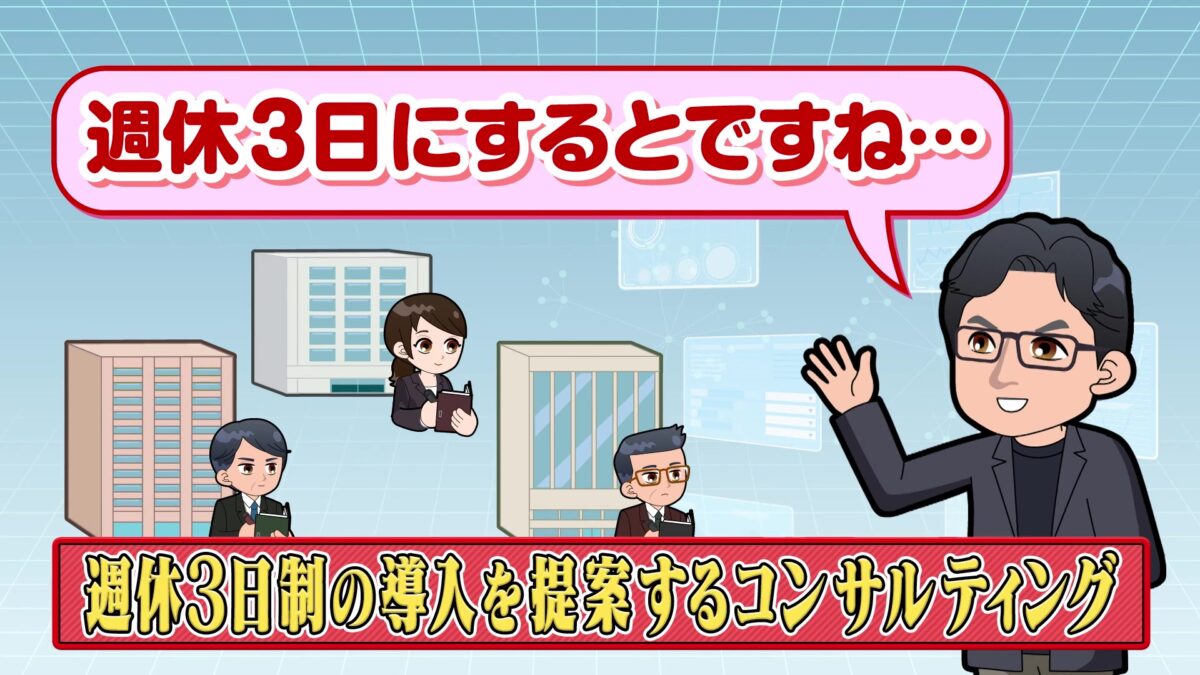 企業に週休3日制の導入を提案するコンサルティングのイラスト